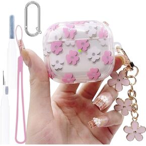 Pink Floral for AirPods 3 Case 3st Generation Clear Cover 2021, Cute Flower Pendant, Cleaning Pen Strap Accessories Set, Soft TPU Full Protective for AirPods 3 Case Skin for Girl Women Transparent