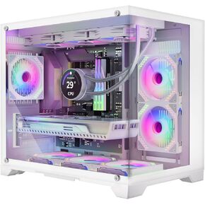 MATX PC Case with 6 ARGB Fans Pre-Installed, Panoramic Tempered Glass, Mid Tower Micro-ATX Gaming PC Case with Type C & USB 3.0, 360mm Radiator Support, Cable Management, High Airflow, White