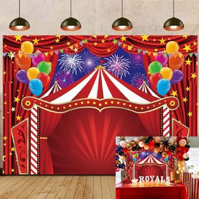 Red Circus Backdrop 7x5FT Carnival Theme Tent Photography Background Circus Amusement Park Fireworks Balloon Banner for Newborn Baby Shower Birthday Party Decorations Supplies (84x60 inch)