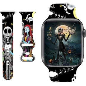 Festival Jack Skellington Sally Bands Compatible with Apple Watch Band 38mm/40mm/ 41mm/42mm/44mm/ 45mm/Ultra 49mm Halloween Christmas Skull Soft Silicone Replacement Strap for iWatch Series 9 8 7 6 5 4 3 2 1 SE Men Women kids
