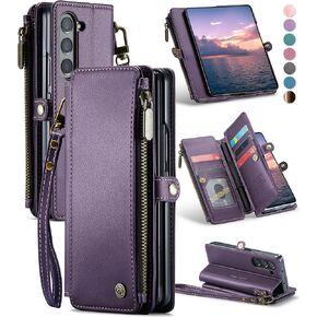 Defencase Wallet Case Compatible with Samsung Galaxy Z Fold 6 with RFID Blocking Card Holder & S Pen Holder Slot PU Leather Magnetic Snap Flip Zipper Strap Phone Case Fit for Galaxy Z Fold 6, Coffee