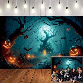 10x8ft Halloween Backdrop Scary Graveyard Horrible House Spooky Pumpkin Lanterns Photography Background Full Moon Night Halloween Party Banner Decorations Photo Booth Props