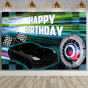 MEHOFOND 7x5ft Car Racing Happy Birthday Backdrop, Blue Racing Party Photo Background for Boys, Cars Party Decorations Car Banner Blue Race Car Birthday Party Supplies Party Decor