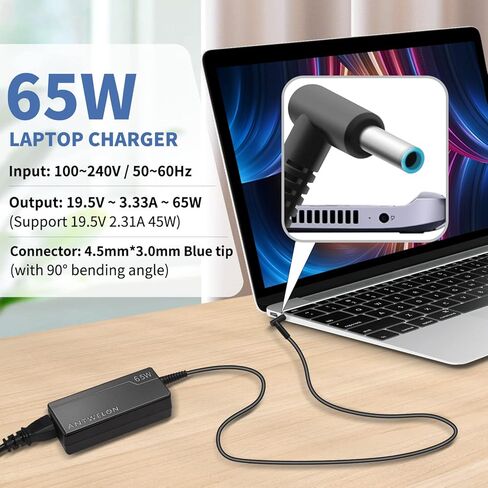 شاحن كمبيوتر محمول ANTWELON 65W 19.5V 3.33A لـ HP Pavilion x360 11 14 15، Envy x360 13 15 17، Elitebook 820 840 850 G3 G4، ProBook 450 650 640 G5 G4 G6 G7، Spectre X2 Blue TIP 4.5mm AC محول سلك الطاقة in Kuwait