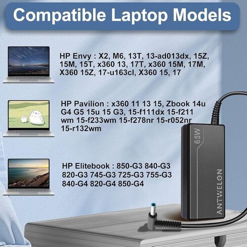 شاحن كمبيوتر محمول ANTWELON 65W 19.5V 3.33A لـ HP Pavilion x360 11 14 15، Envy x360 13 15 17، Elitebook 820 840 850 G3 G4، ProBook 450 650 640 G5 G4 G6 G7، Spectre X2 Blue TIP 4.5mm AC محول سلك الطاقة in Kuwait
