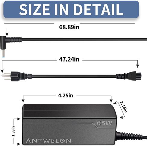 شاحن كمبيوتر محمول ANTWELON 65W 19.5V 3.33A لـ HP Pavilion x360 11 14 15، Envy x360 13 15 17، Elitebook 820 840 850 G3 G4، ProBook 450 650 640 G5 G4 G6 G7، Spectre X2 Blue TIP 4.5mm AC محول سلك الطاقة in Kuwait