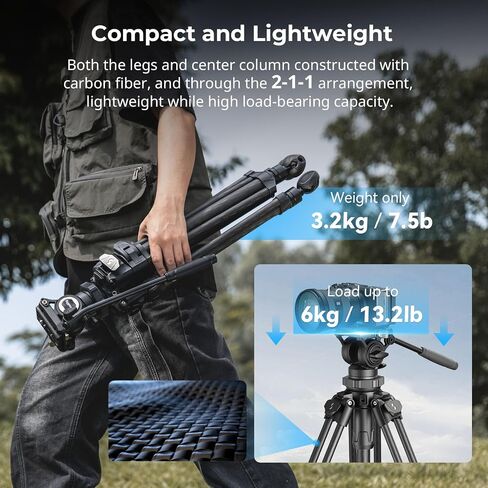 SmallRig AD-50Pro Heavy Duty Video Tripod, Carbon Fiber Lightweight Tripod with FreeSpeed One-Step Height Adjustment, Fluid Head, Dual-Mode QR Plate, Center Column, Weight 7lb, Load up 13.2lb-4420 in Saudi Arabia