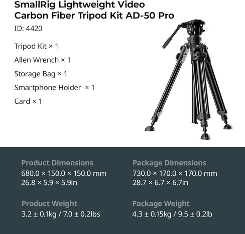 SmallRig AD-50Pro Heavy Duty Video Tripod, Carbon Fiber Lightweight Tripod with FreeSpeed One-Step Height Adjustment, Fluid Head, Dual-Mode QR Plate, Center Column, Weight 7lb, Load up 13.2lb-4420 in Saudi Arabia