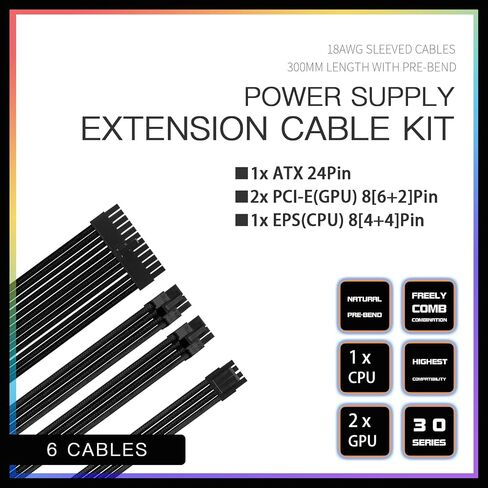 Extension PC Cablemod Sleeve,18AWG ATX 24P+ (2) EPS 8-P+(1) PCI-E8-P with Cable Combs,Crafted from Gold-Plated Materials in Saudi Arabia