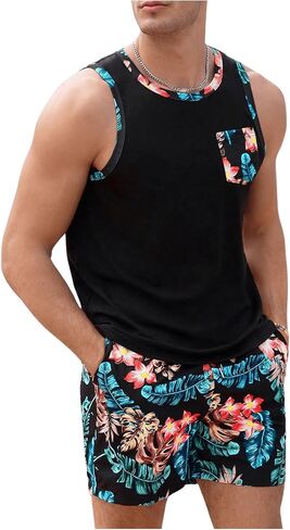 WDIRARA Men's 2 Piece Tropical Crewneck Summer Tank Top and Drawstring Pocket Shorts Set in Saudi Arabia