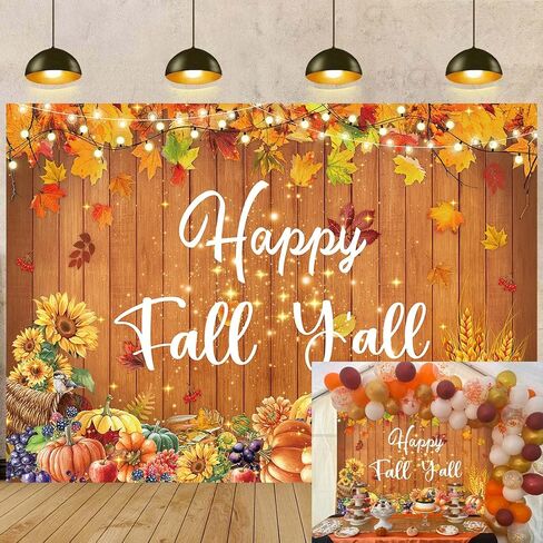 Happy Fall Y'all راية خلفية 7x5FT الخريف أوراق القيقب اليقطين الخشب جدار خلفية للتصوير الفوتوغرافي الخريف عيد الشكر زينة الحفلات لوازم صور الدعائم in Kuwait