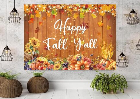 Happy Fall Y'all راية خلفية 7x5FT الخريف أوراق القيقب اليقطين الخشب جدار خلفية للتصوير الفوتوغرافي الخريف عيد الشكر زينة الحفلات لوازم صور الدعائم in Kuwait