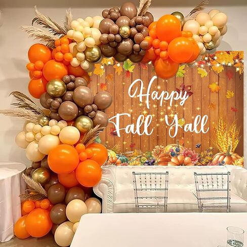 Happy Fall Y'all راية خلفية 7x5FT الخريف أوراق القيقب اليقطين الخشب جدار خلفية للتصوير الفوتوغرافي الخريف عيد الشكر زينة الحفلات لوازم صور الدعائم in Kuwait