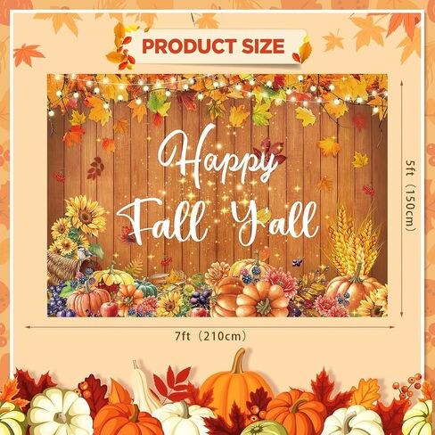 Happy Fall Y'all راية خلفية 7x5FT الخريف أوراق القيقب اليقطين الخشب جدار خلفية للتصوير الفوتوغرافي الخريف عيد الشكر زينة الحفلات لوازم صور الدعائم in Kuwait