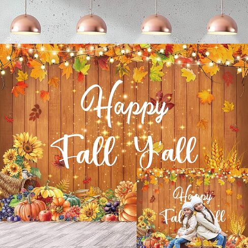 Happy Fall Y'all راية خلفية 7x5FT الخريف أوراق القيقب اليقطين الخشب جدار خلفية للتصوير الفوتوغرافي الخريف عيد الشكر زينة الحفلات لوازم صور الدعائم in Kuwait