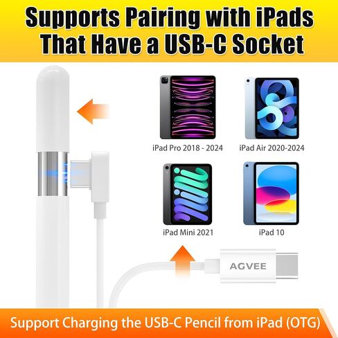 شاحن AGVEE بطول 3.3 قدم لقلم Apple Pencil (USB-C) الجيل 3 وقلم رصاص USB-C آخر، سلك شحن رفيع ناعم للغاية بزاوية 90 درجة، أبيض in Saudi Arabia