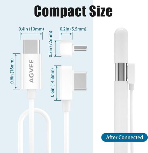 شاحن AGVEE بطول 3.3 قدم لقلم Apple Pencil (USB-C) الجيل 3 وقلم رصاص USB-C آخر، سلك شحن رفيع ناعم للغاية بزاوية 90 درجة، أبيض in Saudi Arabia