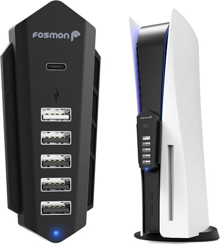 موزع USB Fosmon لجهاز PS5، شاحن موسع USB عالي السرعة بـ 5 منافذ لجهاز PlayStation 5 (القرص/الإصدار الرقمي)، 4 USB + 1 شحن USB + منفذ واحد من النوع C - أسود (ليس لـ 2023 PS5 Slim) in Kuwait