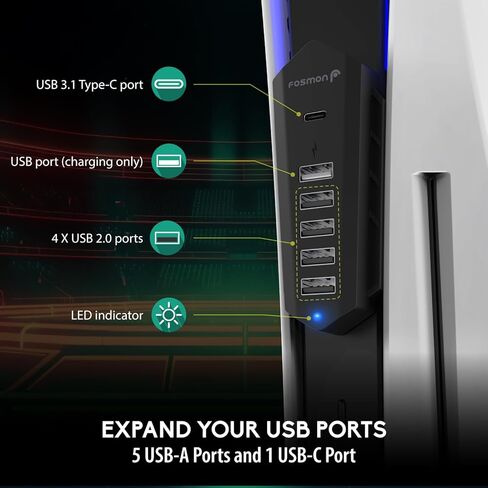 موزع USB Fosmon لجهاز PS5، شاحن موسع USB عالي السرعة بـ 5 منافذ لجهاز PlayStation 5 (القرص/الإصدار الرقمي)، 4 USB + 1 شحن USB + منفذ واحد من النوع C - أسود (ليس لـ 2023 PS5 Slim) in Kuwait