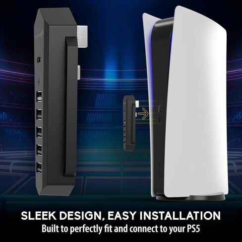 موزع USB Fosmon لجهاز PS5، شاحن موسع USB عالي السرعة بـ 5 منافذ لجهاز PlayStation 5 (القرص/الإصدار الرقمي)، 4 USB + 1 شحن USB + منفذ واحد من النوع C - أسود (ليس لـ 2023 PS5 Slim) in Kuwait