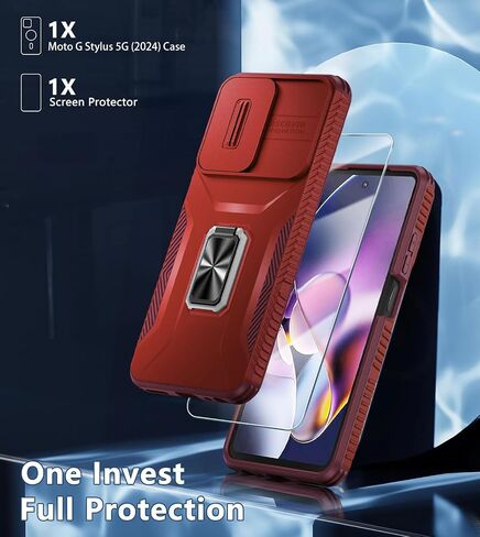 for Motorola Moto G Power 5G 2024 Case with Tempered Glass Screen Protector and Camera Lens Cover,Rotated Ring Stable Kickstand,Heavy Duty Shockproof Protective Phone Cover-Black in Saudi Arabia