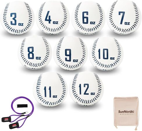SunNordic Weighted Baseballs Set of 9, Premium Leather Baseball with 25/35/50 Lb Resistance Arm Care Band for Pitching, Batting Practice, Baseball Weighted Balls for All Skill Level（White） in Kuwait