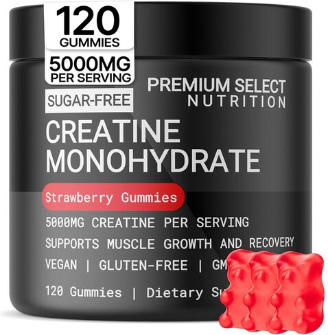 Creatine Monohydrate Gummies Strawberry for Men & Women, 100% Pure Creatine Gummies, 5g per Serving + Vegan, Sugar Free, No Bloat + Strength, Energy, Muscle Recovery + Growth & Booty Gain - 120 Count in Saudi Arabia
