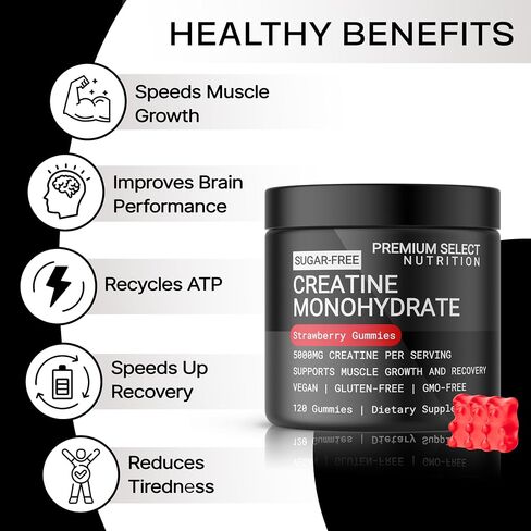 Creatine Monohydrate Gummies Strawberry for Men & Women, 100% Pure Creatine Gummies, 5g per Serving + Vegan, Sugar Free, No Bloat + Strength, Energy, Muscle Recovery + Growth & Booty Gain - 120 Count in Saudi Arabia