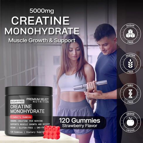Creatine Monohydrate Gummies Strawberry for Men & Women, 100% Pure Creatine Gummies, 5g per Serving + Vegan, Sugar Free, No Bloat + Strength, Energy, Muscle Recovery + Growth & Booty Gain - 120 Count in Saudi Arabia