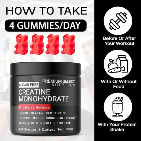 Creatine Monohydrate Gummies Strawberry for Men & Women, 100% Pure Creatine Gummies, 5g per Serving + Vegan, Sugar Free, No Bloat + Strength, Energy, Muscle Recovery + Growth & Booty Gain - 120 Count in Saudi Arabia