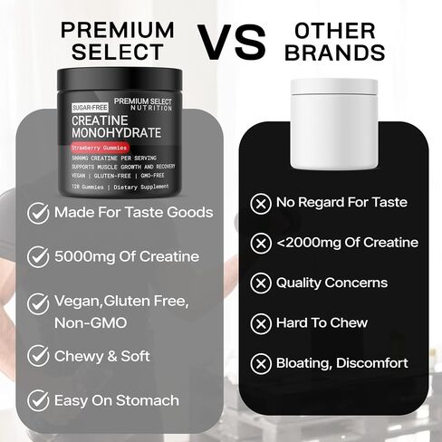 Creatine Monohydrate Gummies Strawberry for Men & Women, 100% Pure Creatine Gummies, 5g per Serving + Vegan, Sugar Free, No Bloat + Strength, Energy, Muscle Recovery + Growth & Booty Gain - 120 Count in Saudi Arabia