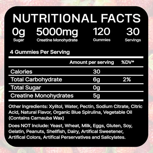 Creatine Monohydrate Gummies Strawberry for Men & Women, 100% Pure Creatine Gummies, 5g per Serving + Vegan, Sugar Free, No Bloat + Strength, Energy, Muscle Recovery + Growth & Booty Gain - 120 Count in Saudi Arabia