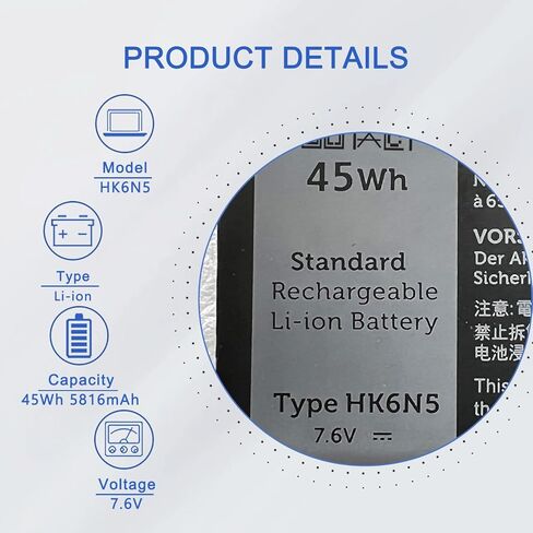 بطارية كمبيوتر محمول HK6N5 DXGH8 متوافقة مع Dell XPS 9370 9380 Inspiron 5390 5391 7490 Vostro 5390 5391 Series Notebook 0DXGH8 0H754V DGV24 0DGV24 WDK63 0WDK63 7.6V 45Wh/5618mAh in Kuwait