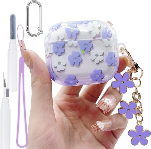 Pink Floral for AirPods 3 Case 3st Generation Clear Cover 2021, Cute Flower Pendant, Cleaning Pen Strap Accessories Set, Soft TPU Full Protective for AirPods 3 Case Skin for Girl Women Transparent in Saudi Arabia