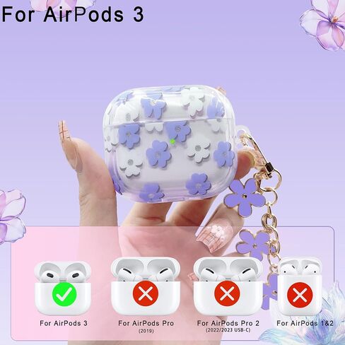 Pink Floral for AirPods 3 Case 3st Generation Clear Cover 2021, Cute Flower Pendant, Cleaning Pen Strap Accessories Set, Soft TPU Full Protective for AirPods 3 Case Skin for Girl Women Transparent in Saudi Arabia