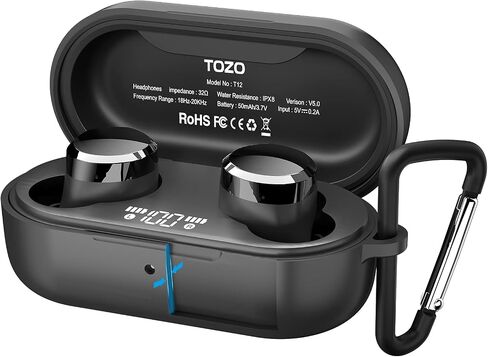 TOZO T12 Protective Silicone Case Shockproof Soft Skin Cover for TOZO T12 Earbuds with Front LED Visible and Keychain Black in Saudi Arabia