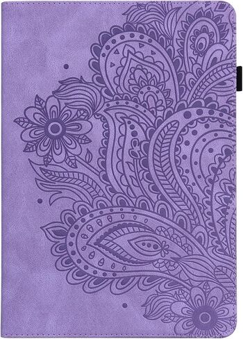 حافظة لجهاز Kindle Fire HD 8 الجيل الثامن/السابع/السادس (2016/2017/2018) مع حامل/حامل قلم رصاص/جيوب [نمط منقوش] محفظة مغناطيسية قابلة للطي من جلد البولي يوريثان غطاء مقاوم للصدمات، زهرة الطاووس الأرجواني in Saudi Arabia