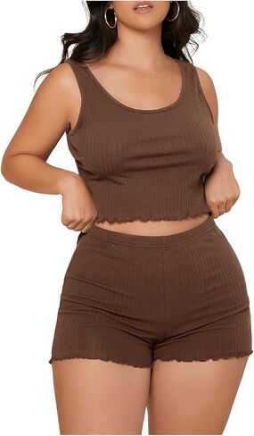 طقم بيجامة حريمي مقاس كبير من SOLY HUX قميص بدون أكمام وشورت قصير مضلع مكون من قطعتين PJ Set Loungewear in Kuwait