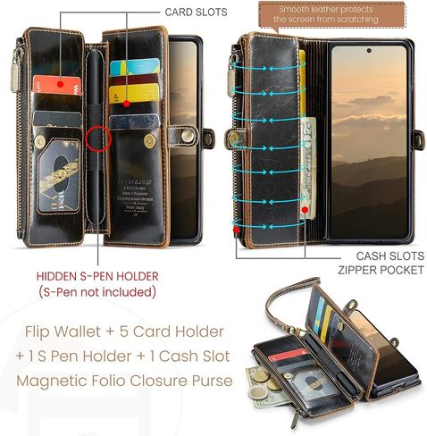 حافظة محفظة Defencase متوافقة مع هاتف Samsung Galaxy Z Fold 6 مع حامل بطاقة RFID وفتحة حامل قلم S من جلد البولي يوريثان المغناطيسي وحزام سحاب قابل للطي مناسب لهاتف Galaxy Z Fold 6، القهوة in Kuwait