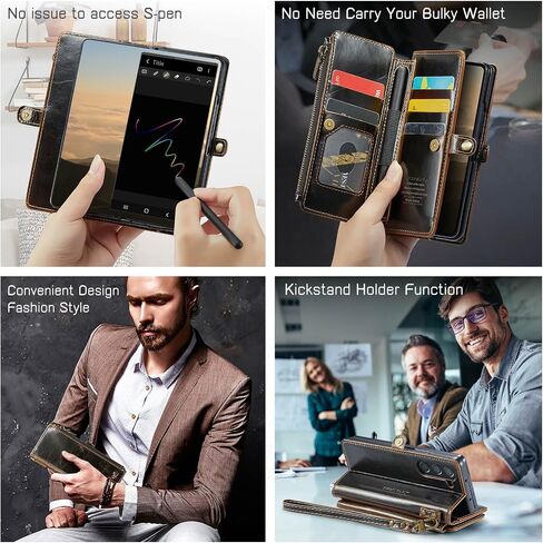حافظة محفظة Defencase متوافقة مع هاتف Samsung Galaxy Z Fold 6 مع حامل بطاقة RFID وفتحة حامل قلم S من جلد البولي يوريثان المغناطيسي وحزام سحاب قابل للطي مناسب لهاتف Galaxy Z Fold 6، القهوة in Kuwait