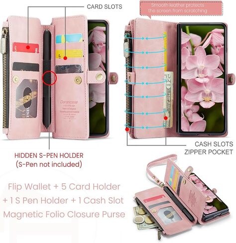 حافظة محفظة Defencase متوافقة مع هاتف Samsung Galaxy Z Fold 6 مع حامل بطاقة RFID وفتحة حامل قلم S من جلد البولي يوريثان المغناطيسي وحزام سحاب قابل للطي مناسب لهاتف Galaxy Z Fold 6، القهوة in Kuwait