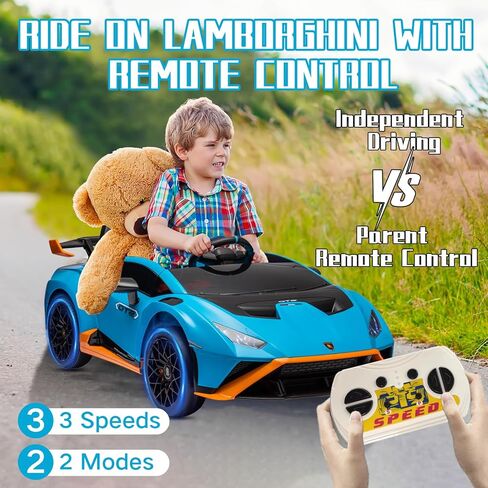 Lamborghini Huracan STO, 24V Kids Ride on Car, Electric Car for Kids with Remote Control, Two Speed Adjustable, Ages 3-8, Foam Front Wheels, 360° Spin, LED Lights, Music, USB, Drift Feature, Blue in Kuwait