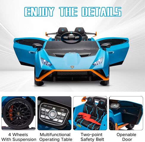 Lamborghini Huracan STO, 24V Kids Ride on Car, Electric Car for Kids with Remote Control, Two Speed Adjustable, Ages 3-8, Foam Front Wheels, 360° Spin, LED Lights, Music, USB, Drift Feature, Blue in Kuwait