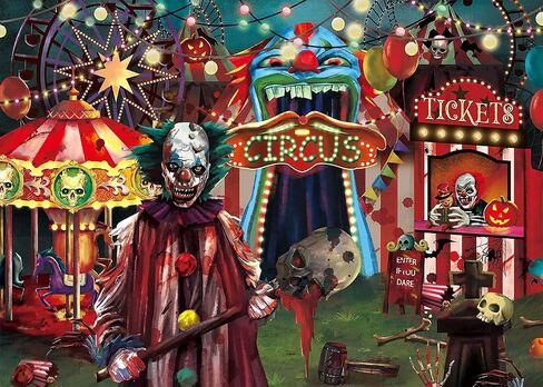 10x8 FT Horror Circus Theme Halloween Backdrop for Photography Giant Evil Clown Hallomas Birthday Party Background Scary Grove Vampire Baby Cake Table Decor Banner Photo Studio Props in Saudi Arabia