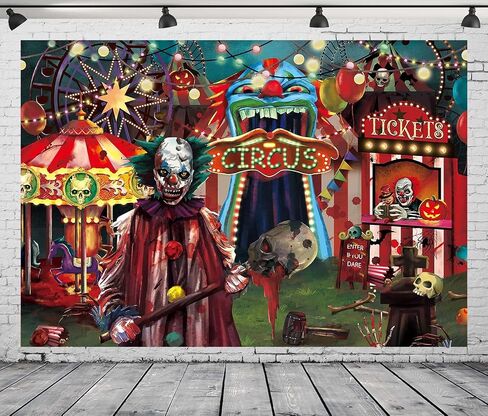 10x8 FT Horror Circus Theme Halloween Backdrop for Photography Giant Evil Clown Hallomas Birthday Party Background Scary Grove Vampire Baby Cake Table Decor Banner Photo Studio Props in Saudi Arabia