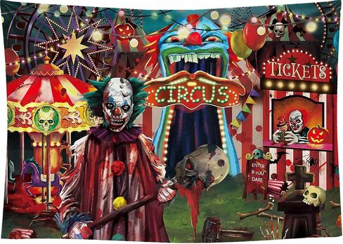 10x8 FT Horror Circus Theme Halloween Backdrop for Photography Giant Evil Clown Hallomas Birthday Party Background Scary Grove Vampire Baby Cake Table Decor Banner Photo Studio Props in Saudi Arabia