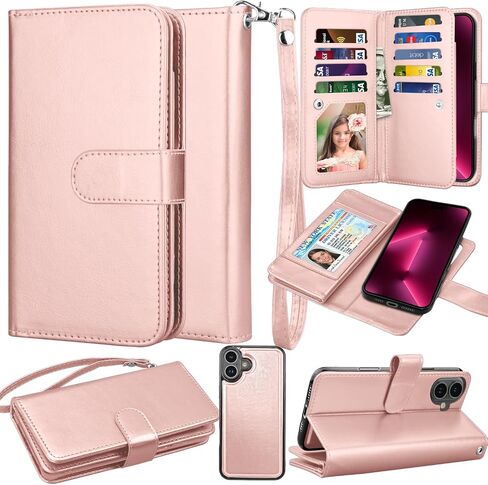 Takfox Wallet Case for iPhone 16 Plus,for iPhone 16 Plus Case, PU Leather Credit Card Holder Phone Case [9 Card Slots] Folio Flip Detachable Magnetic Cover Kickstand & Carrying Wrist Strap, Rose Gold in Saudi Arabia