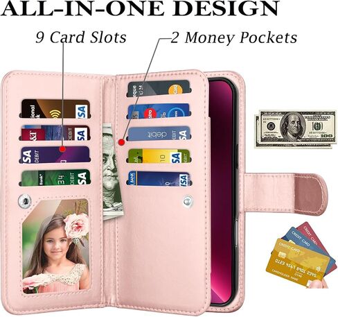 Takfox Wallet Case for iPhone 16 Plus,for iPhone 16 Plus Case, PU Leather Credit Card Holder Phone Case [9 Card Slots] Folio Flip Detachable Magnetic Cover Kickstand & Carrying Wrist Strap, Rose Gold in Saudi Arabia
