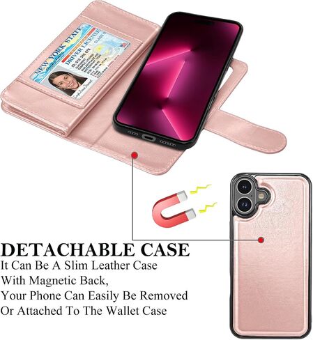 Takfox Wallet Case for iPhone 16 Plus,for iPhone 16 Plus Case, PU Leather Credit Card Holder Phone Case [9 Card Slots] Folio Flip Detachable Magnetic Cover Kickstand & Carrying Wrist Strap, Rose Gold in Saudi Arabia