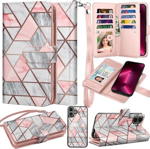 Takfox Wallet Case for iPhone 16 Plus,for iPhone 16 Plus Case, PU Leather Credit Card Holder Phone Case [9 Card Slots] Folio Flip Detachable Magnetic Cover Kickstand & Carrying Wrist Strap, Rose Gold in Saudi Arabia